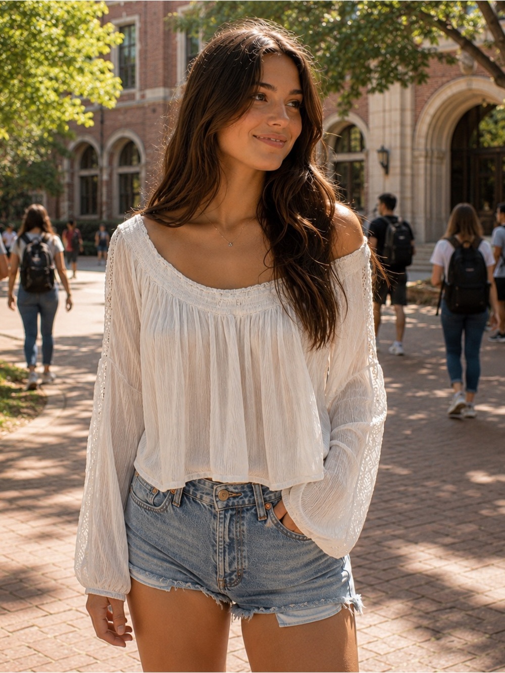 Hollister White Off Shoulder Boho Top Medium Lace Sleeve Peasant Blouse Coquette